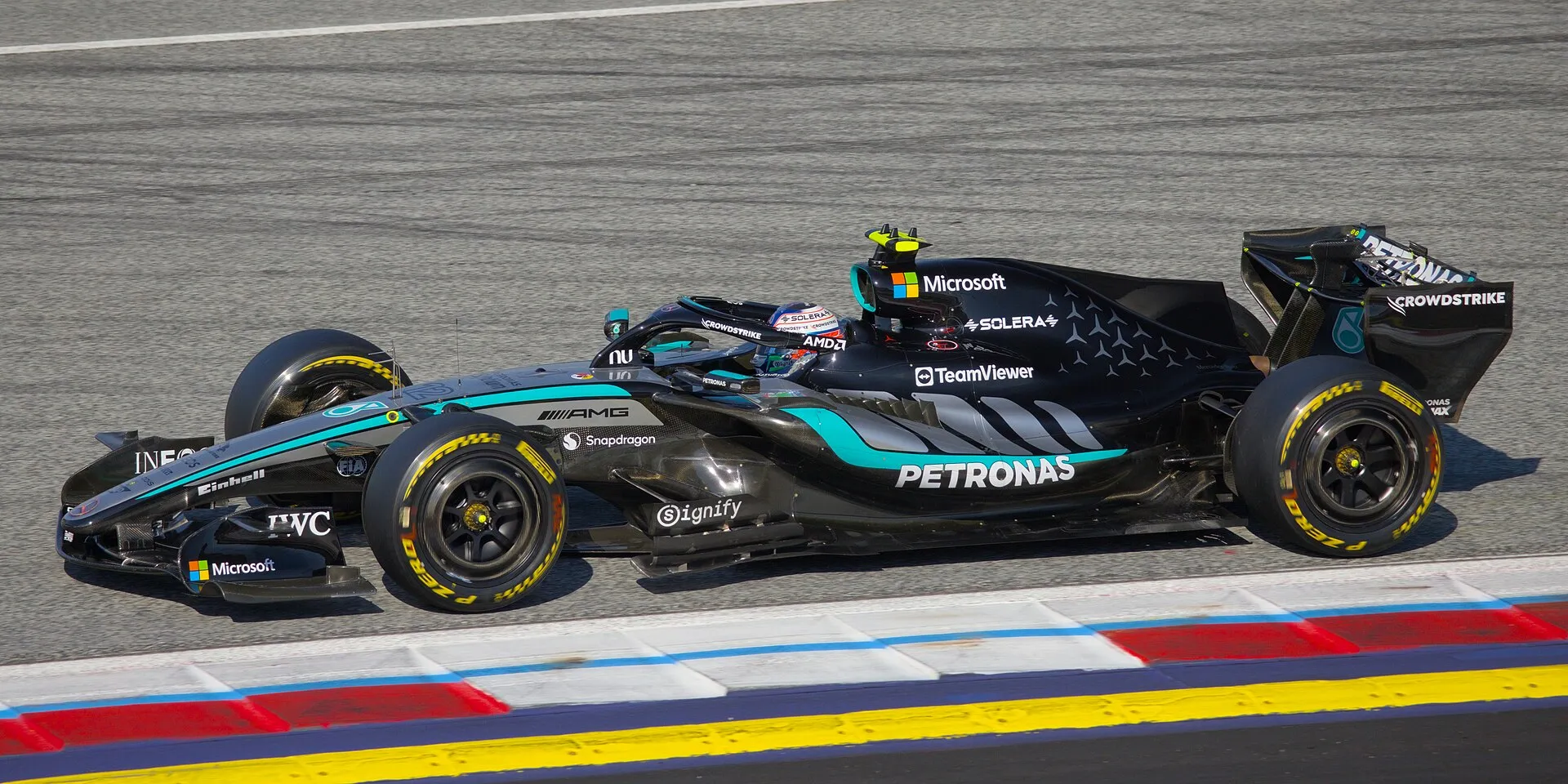 kimi antonelli's black and silver mercedes next to the kerb at the red bull ring